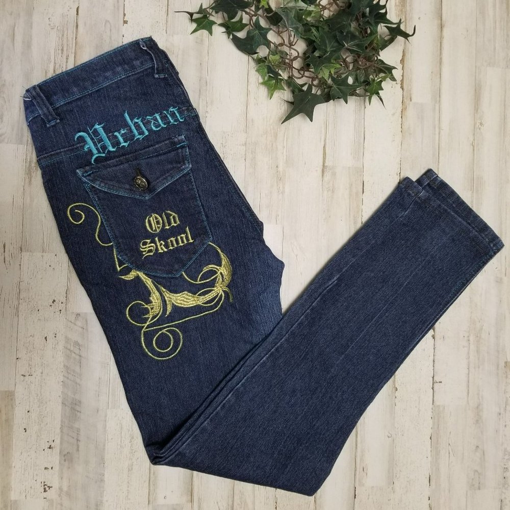 Old Skool Urban Royale Dark Blue Jeans Embroidered Detailing Size 11